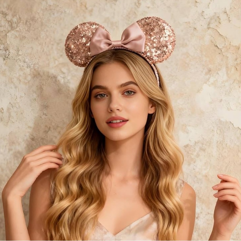 DISNEY MINNIE MOUSE EARS SEQUIN ROSE GOLD GLITTER BOW HEADBAND